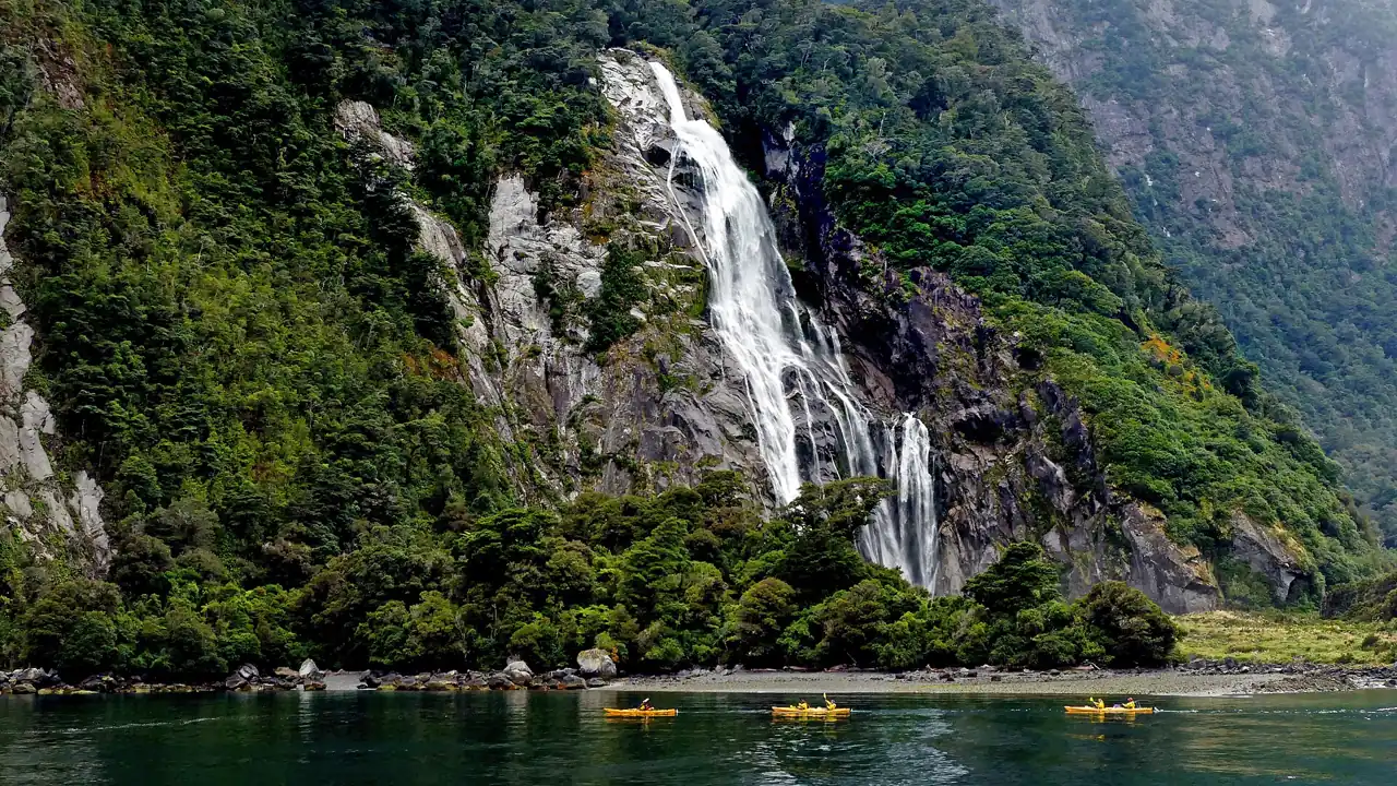 Lady Bowen Falls dropping from a forested cliff into Milford Sound beside the cruise terminal